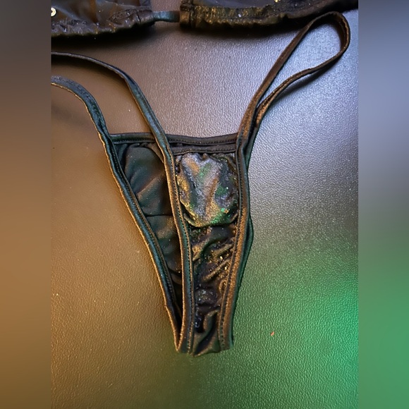 New with Many Defects Black Peeling Lame Bling Tri-Top Thong Bling Bottom Bikini - Picture 7 of 7